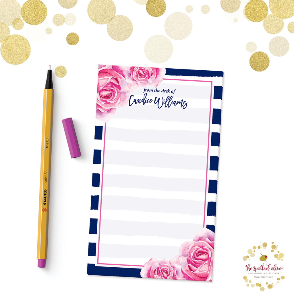 Pink Roses & Navy Stripes Personalized Notepad by The Spotted Olive - Branded