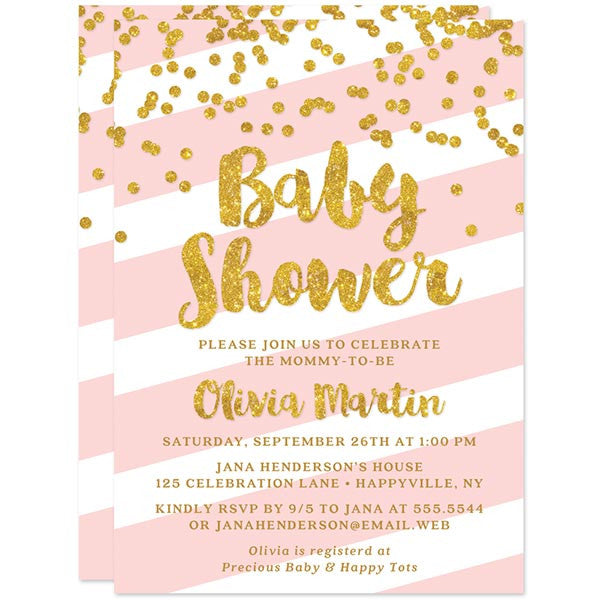 Pink Stripes & Gold Confetti Baby Shower Invitations by The Spotted Olive