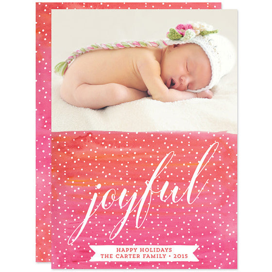 Pink Watercolor Joyful Christmas Photo Cards by The Spotted Olive