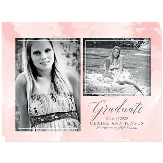 Pink Watercolor Splash Photo Graduation Announcements by The Spotted Olive
