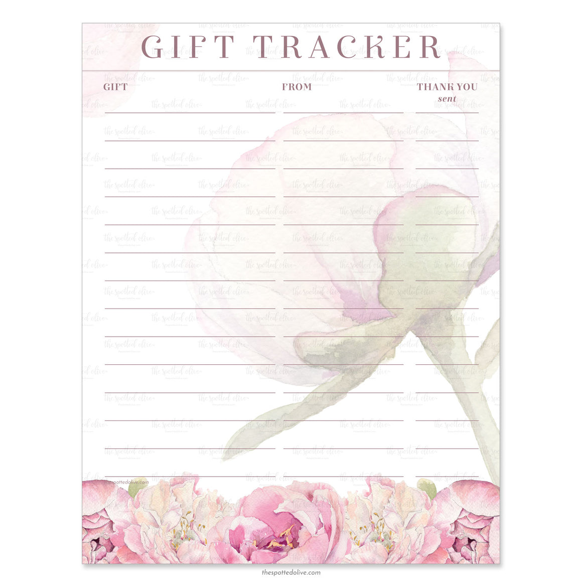 Pretty Peonies Gift Tracker Printable Digital File