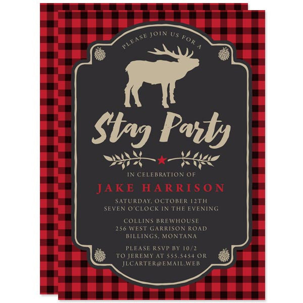 Bachelor Party Invitations - Red & Black Buffalo Check Stag Party - The Spotted Olive
