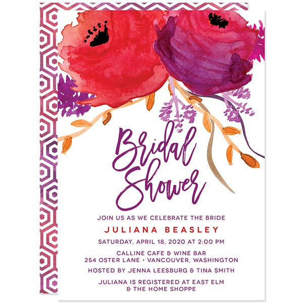 Red & Purple Watercolor Flowers Bridal Shower Invitations by The Spotted Olive