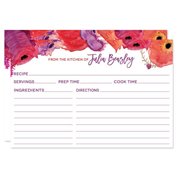 Red & Purple Watercolor Flowers Personalized Recipe Cards by The Spotted Olive