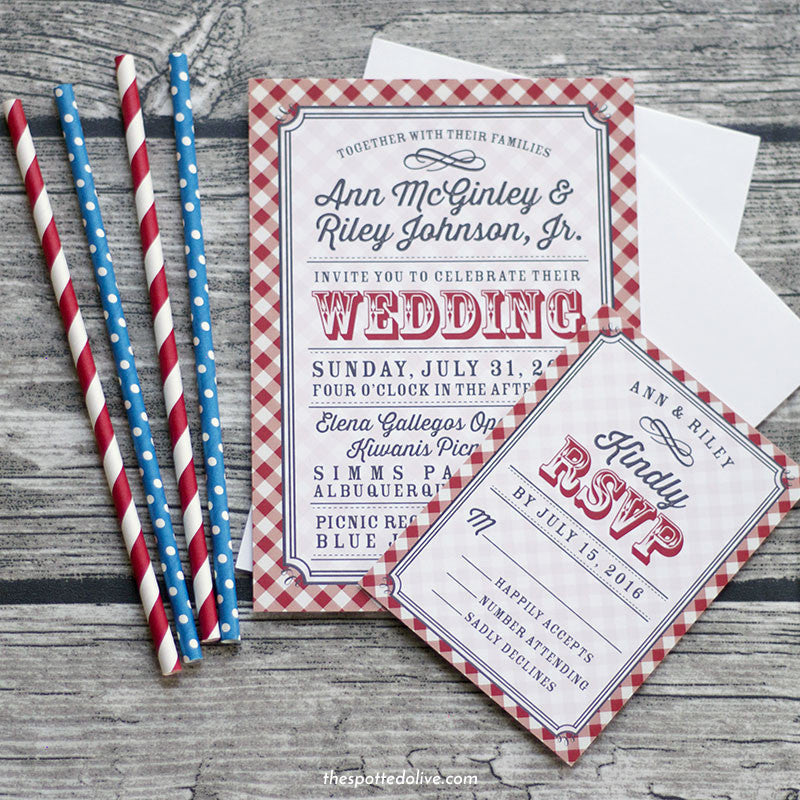 Red & White Country Gingham Wedding Invitations & RSVP Cards by The Spotted Olive