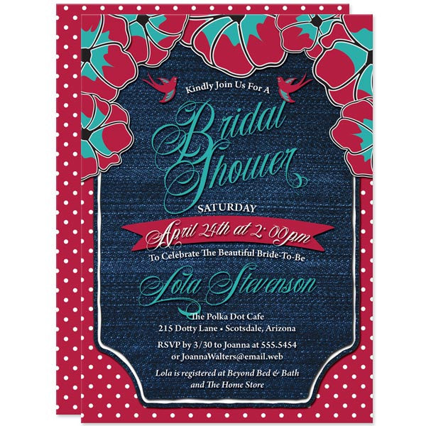 Rockabilly Denim & Polka Dots Bridal Shower Invitations by The Spotted Olive