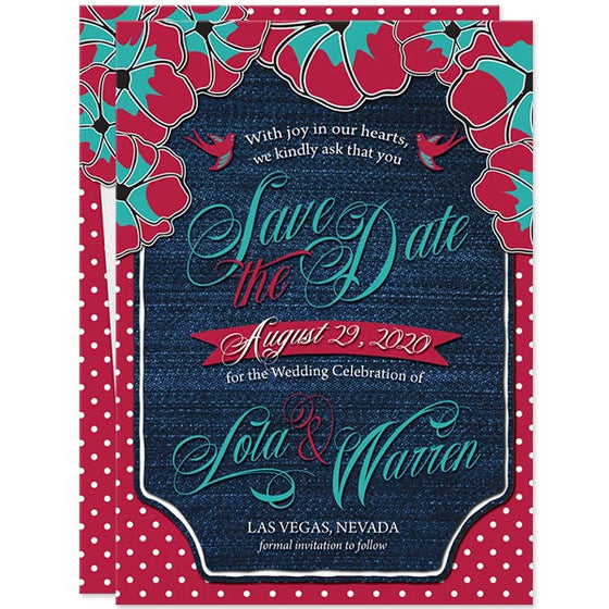 Rockabilly Denim & Polka Dots Save the Date Cards by The Spotted Olive