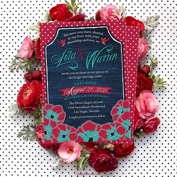Rockabilly Denim & Polka Dots Wedding Invitations by The Spotted Olive - Scene