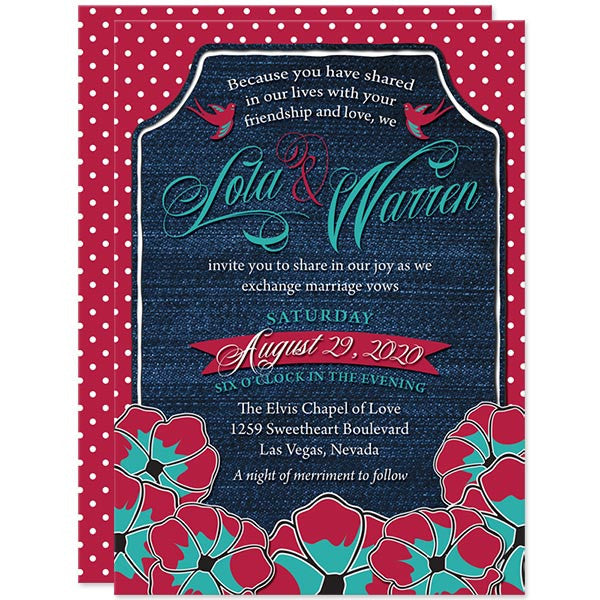 Rockabilly Denim & Polka Dots Wedding Invitations by The Spotted Olive