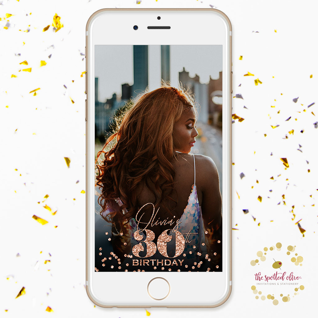 Rose Gold 30th Birthday Personalized Snapchat Geofilter by The Spotted Olive