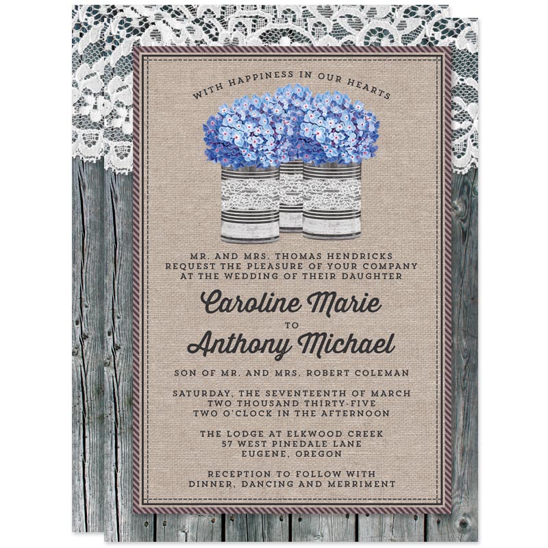 Rustic Blue Hydrangeas Wedding Invitations by The Spotted Olive