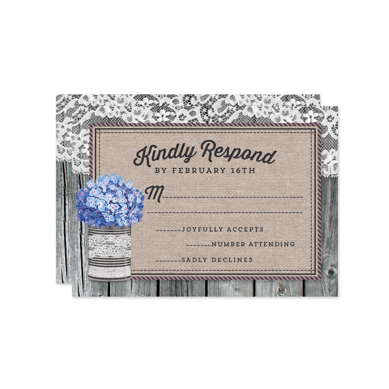 Rustic Blue Hydrangeas Wedding RSVP Cards by The Spotted Olive