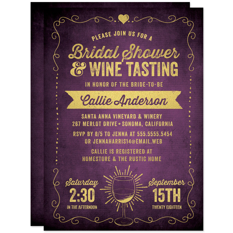 Rustic Purple & Gold Bridal Shower Wine Tasting Invitations