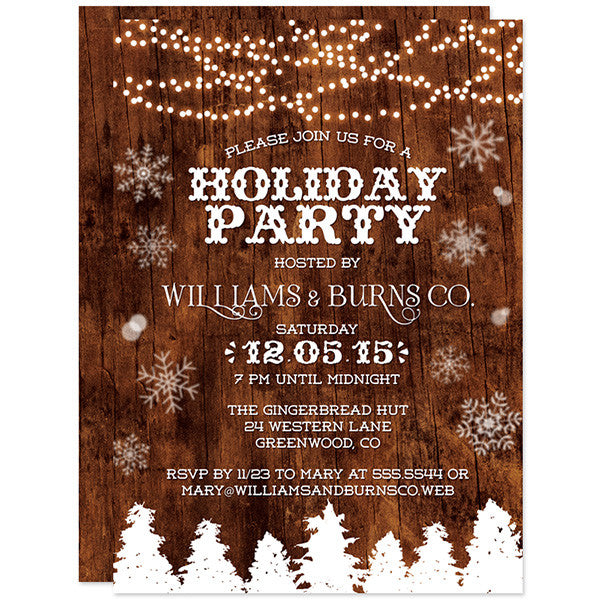 Rustic Wood & Lights Holiday Party Invitations