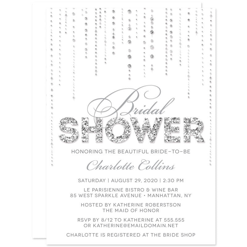 Silver Glitter Look Streaming Gems Bridal Shower Invitations