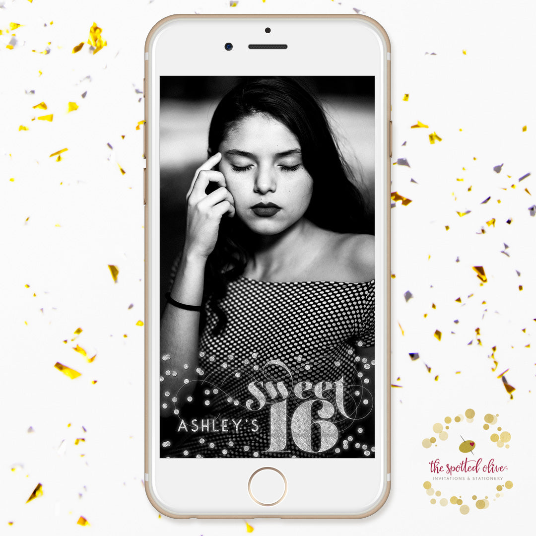 Silver Confetti Sweet 16 Personalized Snapchat Geofilter by The Spotted Olive