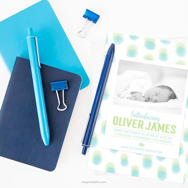 Blue & Green Sweet Watercolor Dots Birth Announcements - Scene