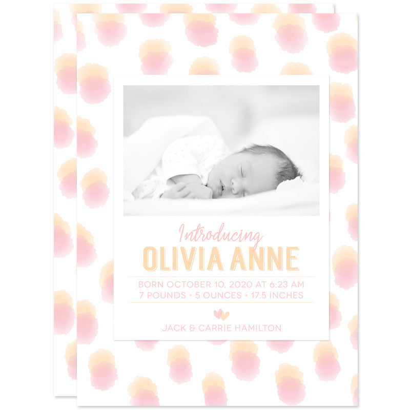 Pink & Peach Sweet Watercolor Dots Birth Announcements