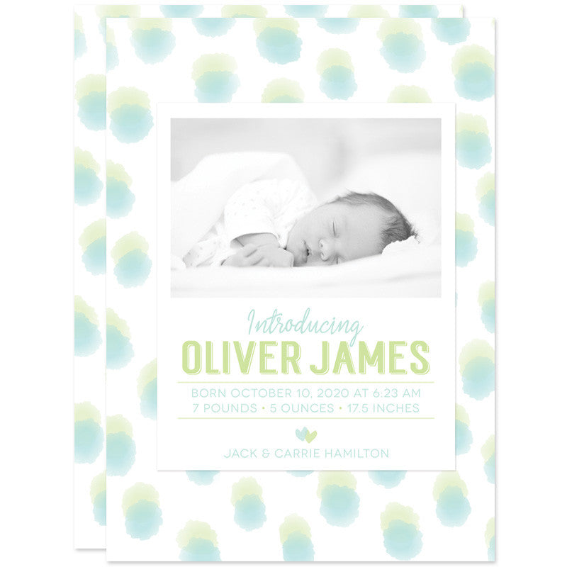 Blue & Green Sweet Watercolor Dots Birth Announcements