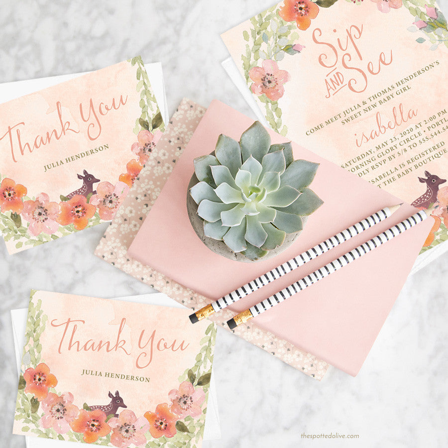 Sweet Woodland Floral Baby Shower Invitations & Thank You Cards by The Spotted Olive - Scene