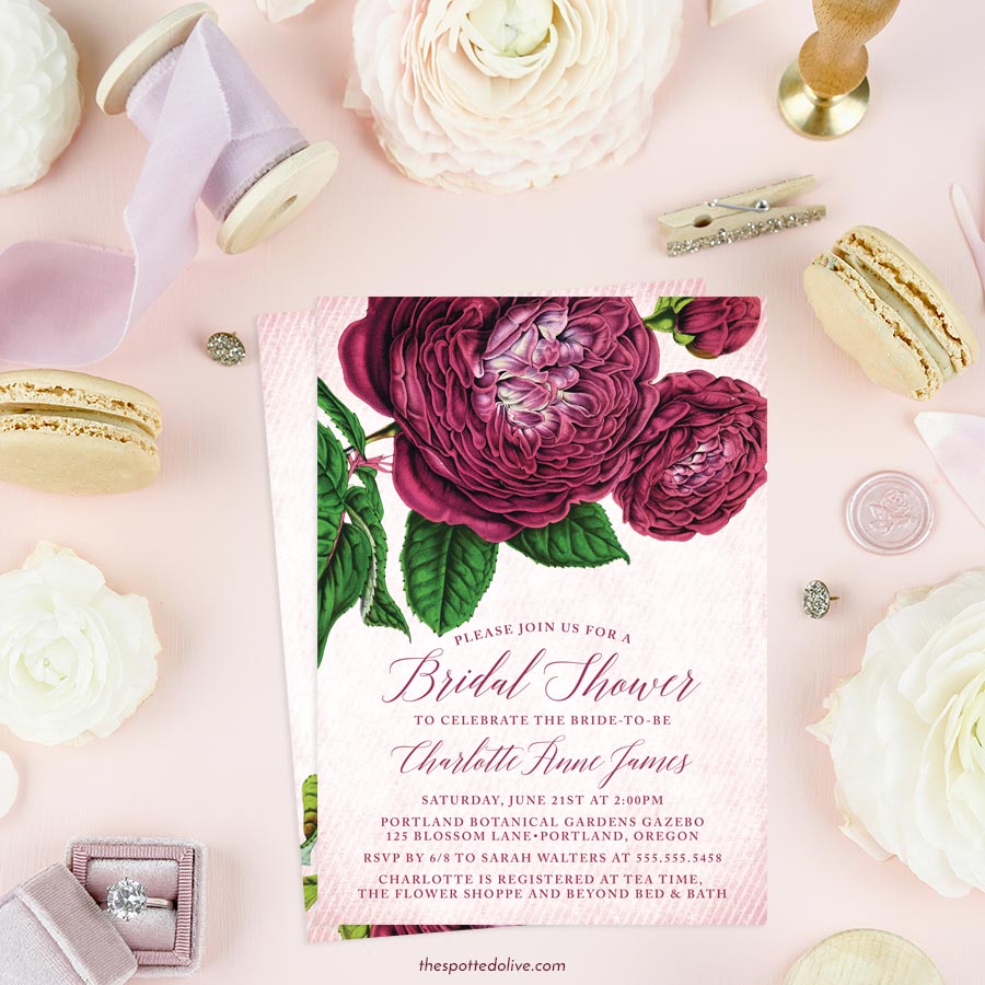 Vintage Purple Flowers Bridal Shower Invitations by The Spotted Olive - Scene
