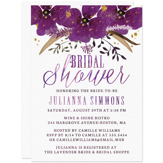 Violet Watercolor Floral Bridal Shower Invitations by The Spotted Olive