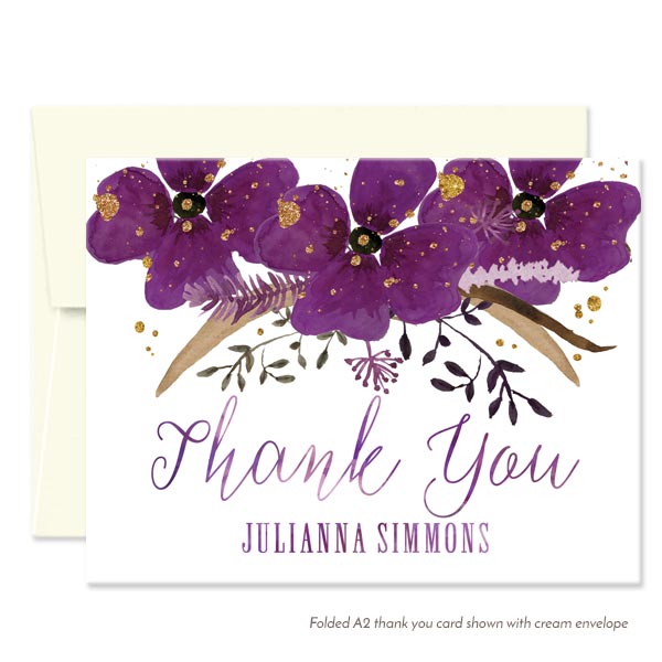 Violet Watercolor Floral Personalized Thank You Cards by The Spotted Olive - Cream Envelope