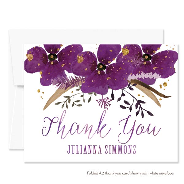 Violet Watercolor Floral Personalized Thank You Cards by The Spotted Olive - White Envelope