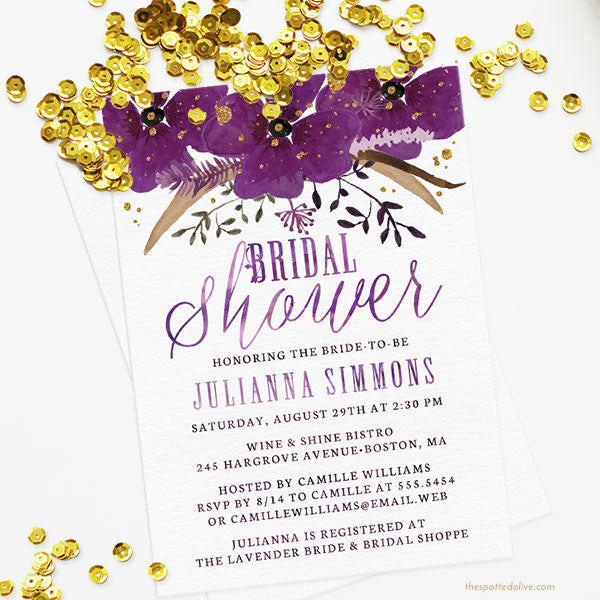 Violet Watercolor Floral Bridal Shower Invitations by The Spotted Olive - Scene