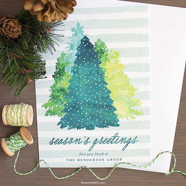 Watercolor Winter Evergreens Non-Photo Holiday Cards by The Spotted Olive - Scene
