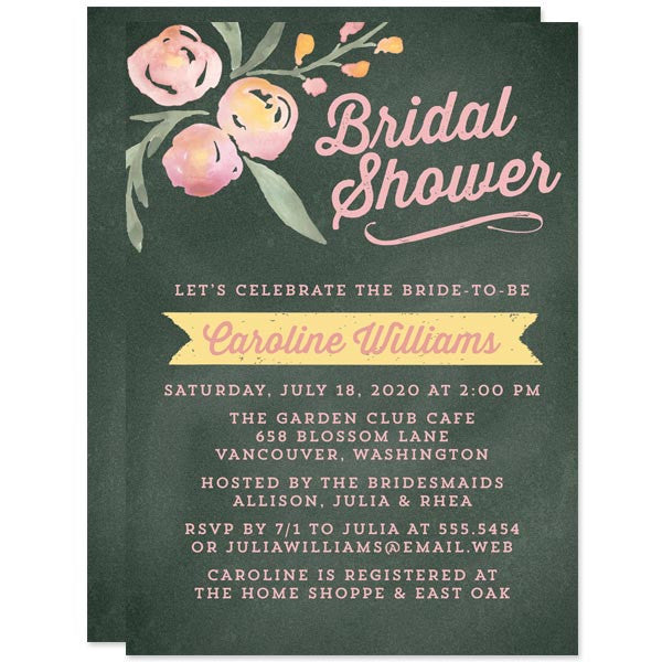 Watercolor Floral & Chalkboard Bridal Shower Invitations by The Spotted Olive