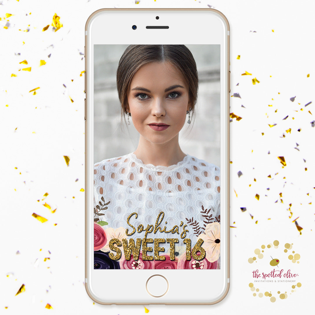 Watercolor Floral Sweet 16 Personalized Snapchat Geofilter by The Spotted Olive