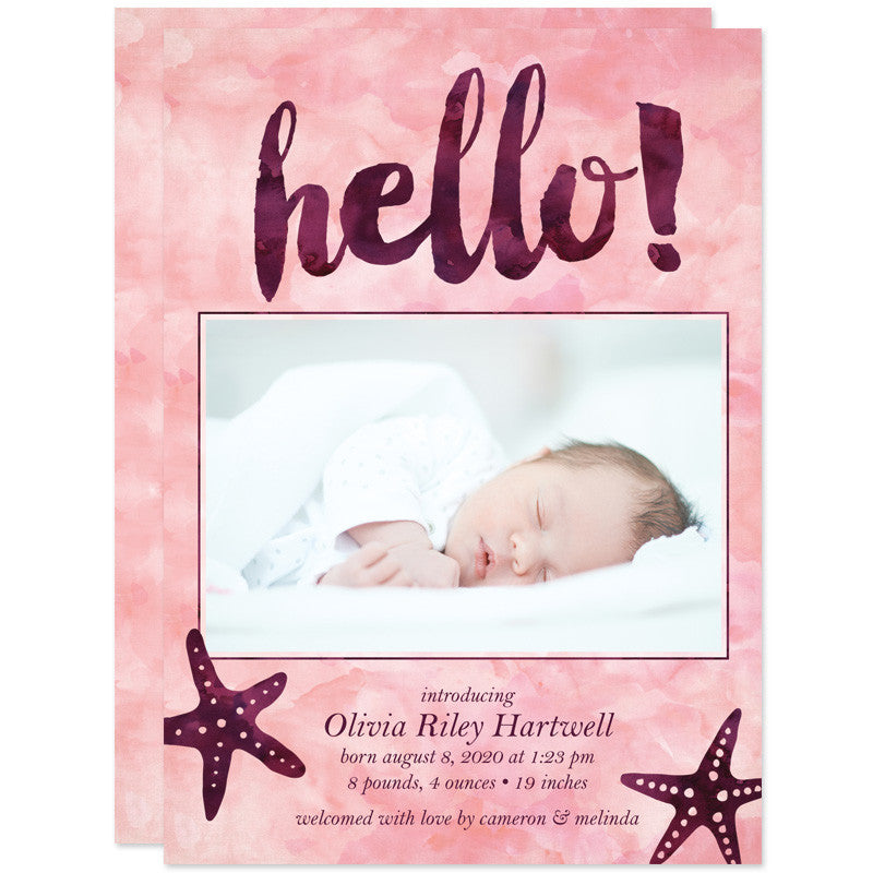 Pink Watercolor Starfish Hello Birth Announcements front
