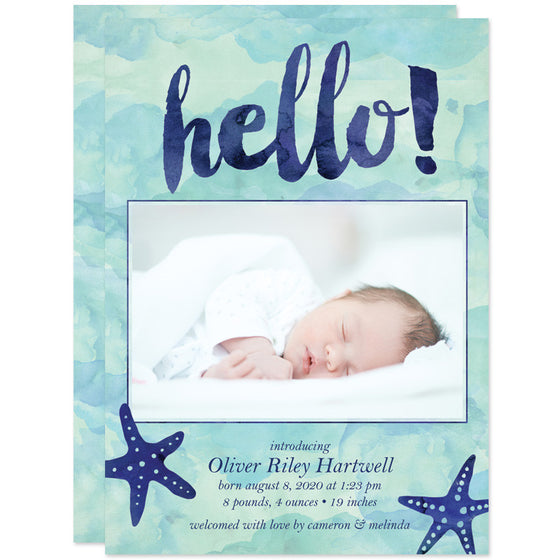 Blue & Teal Watercolor Starfish Hello Birth Announcements front