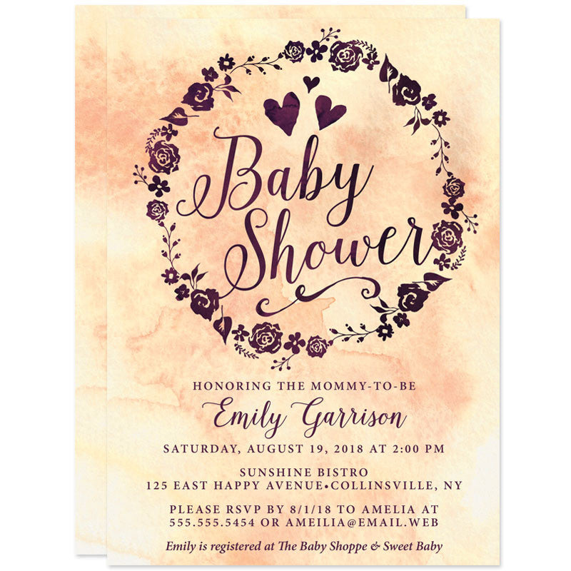 Baby Shower Invitations - Purple & Peach Watercolor Wreath - The Spotted Olive