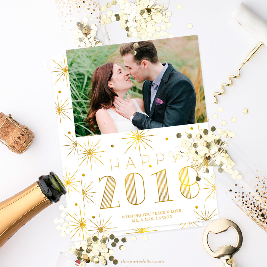 White & Gold Bursts New Year Photo Cards by The Spotted Olive - Scene