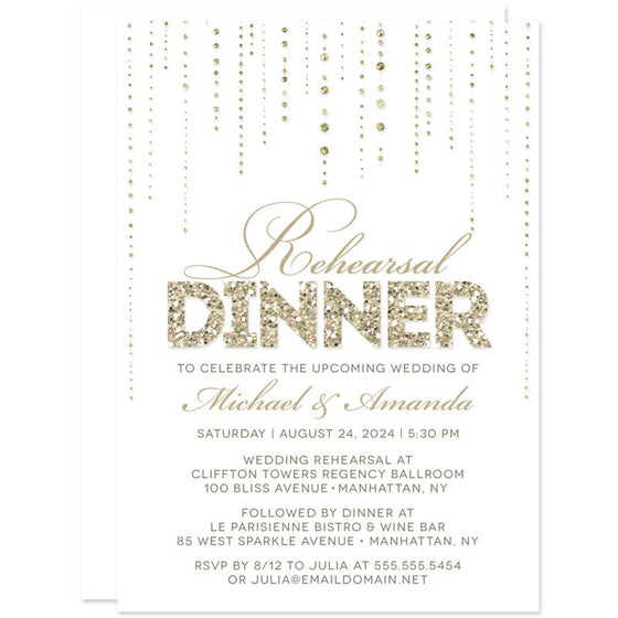 White & Gold Streaming Gems Rehearsal Dinner Invitations by The Spotted Olive